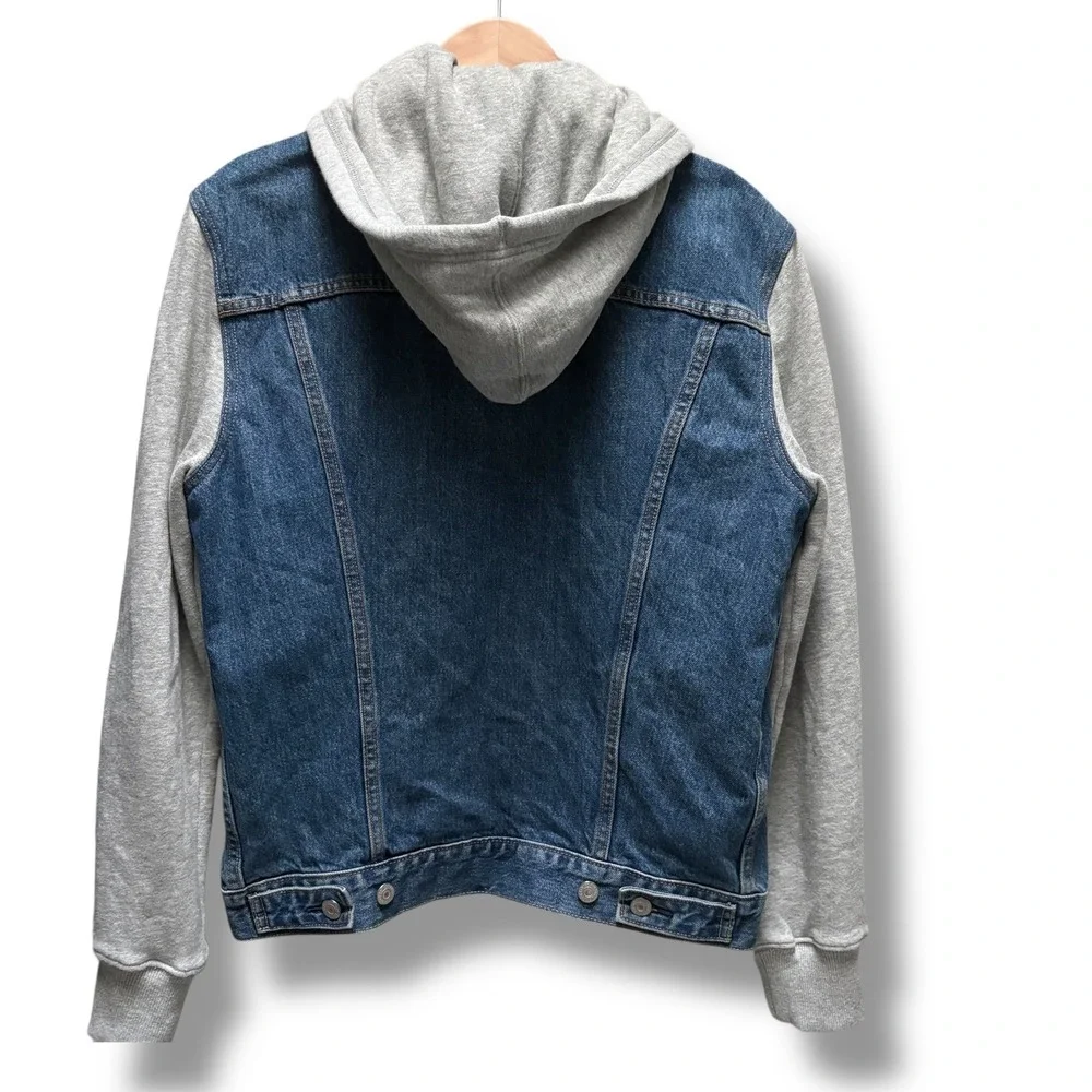 Levis Mens Hybrid Denim Trucker Jacket Grey Hooded Sweatshirt Blue Size M - Picture 5 of 11